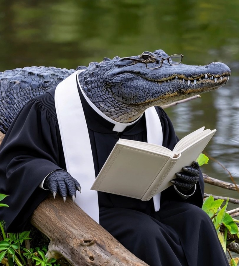 Ale Gator, a alligator wearing a priest robe and reading a book